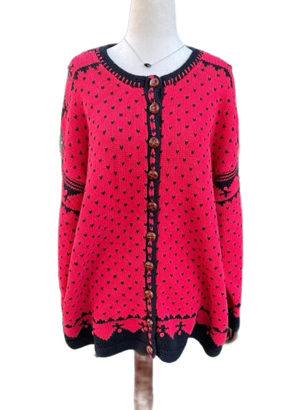 Cardigan Bay ~ Hand Knitted ~ 2 X-Large ~ Red/ Black ~ Heart Designs Sweater